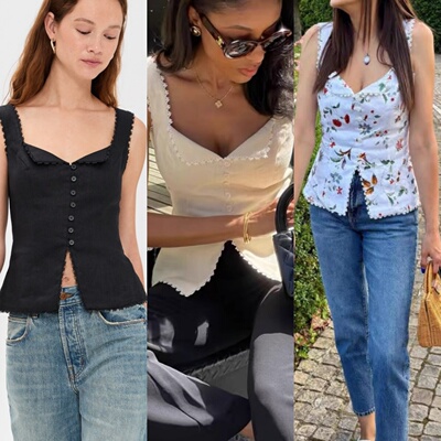 亚麻修身花边吊带上衣