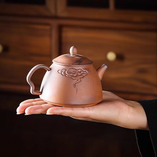 粗陶老岩泥圆岭复古手持祥云茶壶