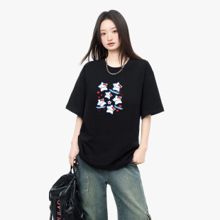 230g美式 男女休闲宽松情侣上衣服 潮牌星星猫印花T恤圆领宽松短袖