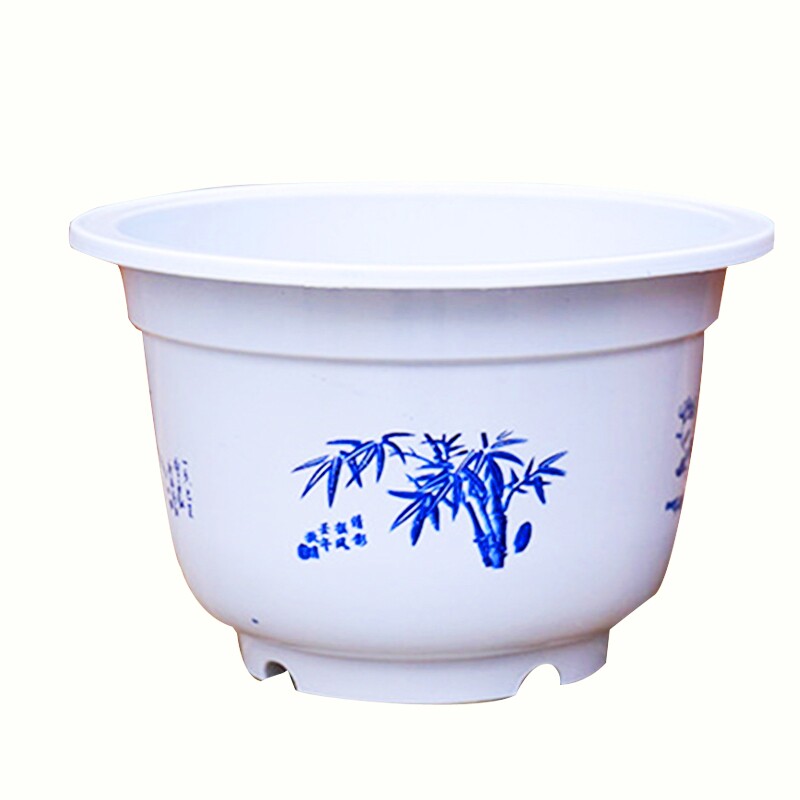 热卖优质加厚塑料花盆大小规格齐全 价赠送托盘白色青花底花盆