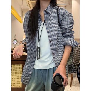 慵懒风显瘦薄款 女夏季 衬衣潮 胖mm韩系chic纯棉蓝色格子衬衫 特大码