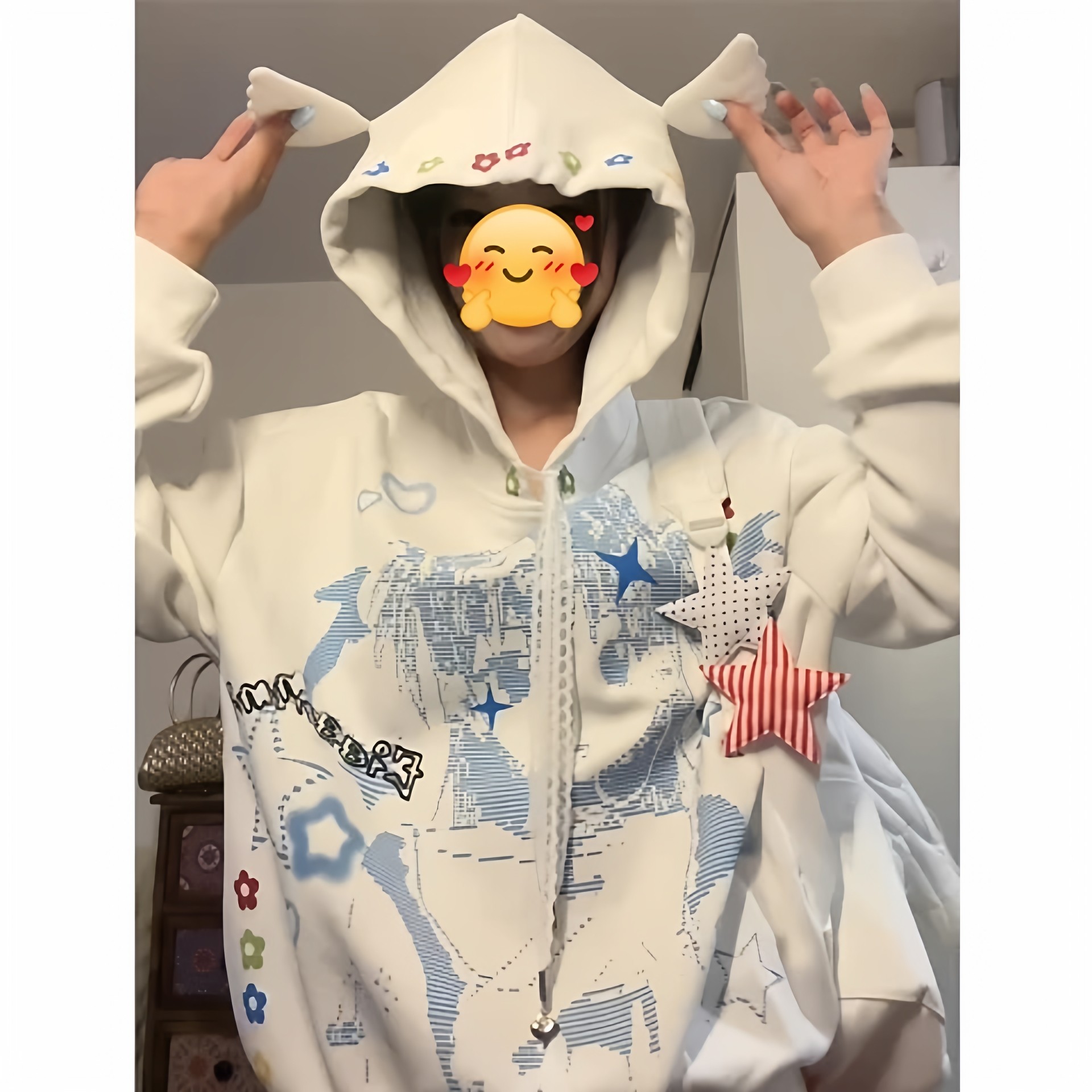 大码300斤美式复古卡通印花连帽卫衣女春秋新款鬼马少女宽松外套