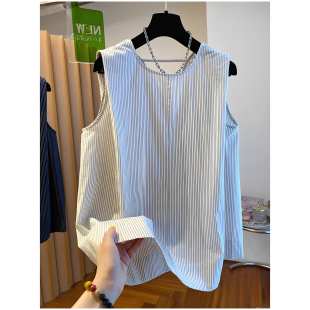 宽松显瘦露背上衣 女夏季 特大码 200斤韩系高级感复古条纹背心衬衫
