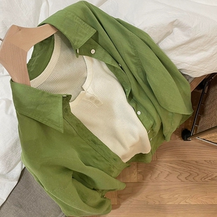 女韩系宽松休闲衬衣 超显白绿色轻薄微透防晒衬衫 300斤特大码 夏季