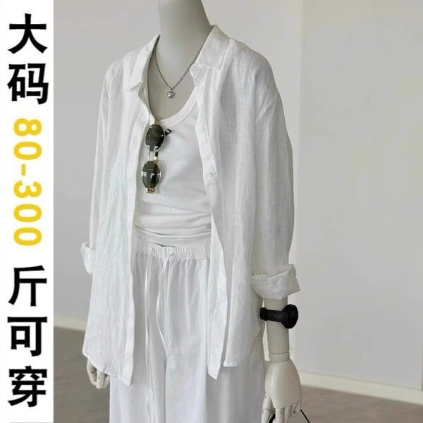 300斤胖mm大码女装亚麻白色衬衫女夏季宽松简约松弛感防晒衬衣潮