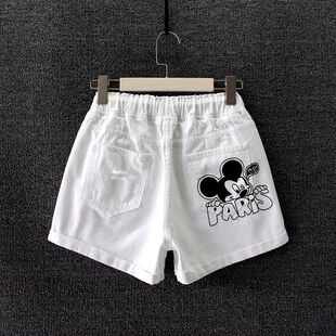 白色牛仔短裤女牛仔裤直筒松紧腰宽松大码胖mm破洞新款米老鼠图案