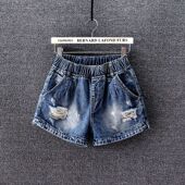 女宽松大码 胖mm显瘦破洞开叉中腰牛仔裤 热裤 松紧腰牛仔短裤 直筒裤