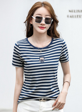 455条纹短袖T恤女夏季新款撞色圆领时尚猫头鹰刺绣大码宽松打底衫