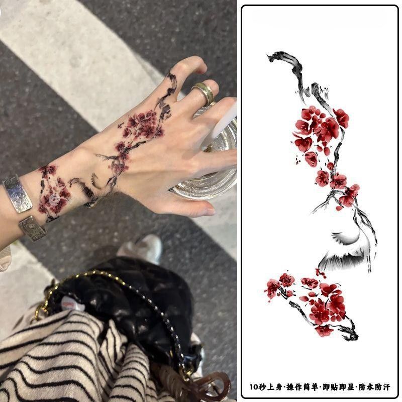 高级感国风新款梅花仙鹤手背ins风仿真刺青彩色纹身贴女防水持久