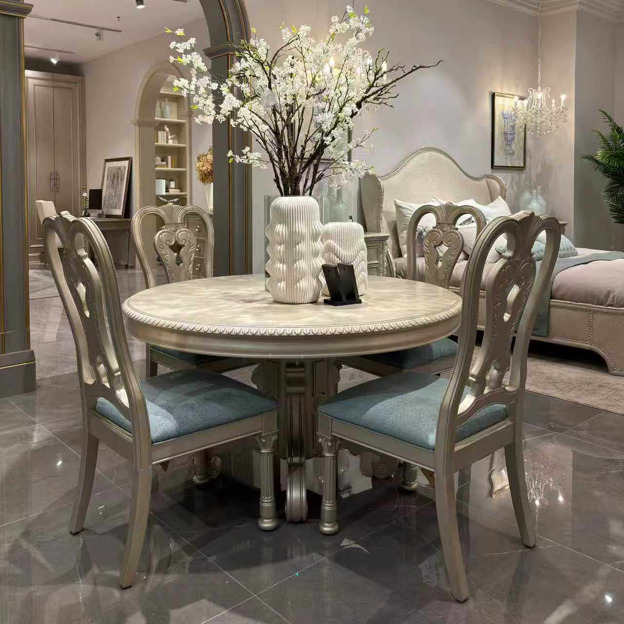 新品法式欧式图尔乐章餐桌 美克art家具美式雕花圆餐桌餐椅定制