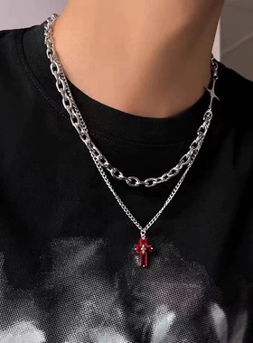 双层叠戴红色十字架项链