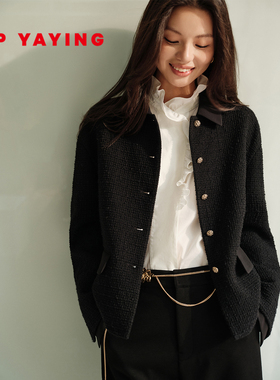 EP雅莹2025秋冬新款 廓形羊毛短款拼接翻领优雅小香风外套女