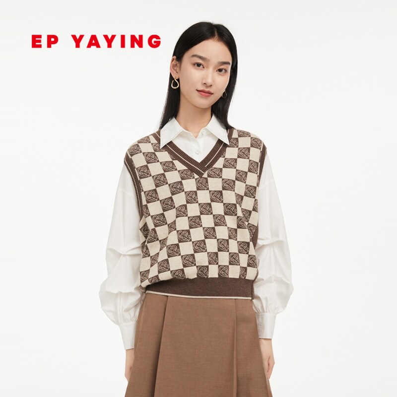 [牦牛绒]EP YAYING雅莹女装 棋盘格V领针织背心 商场同款9006A