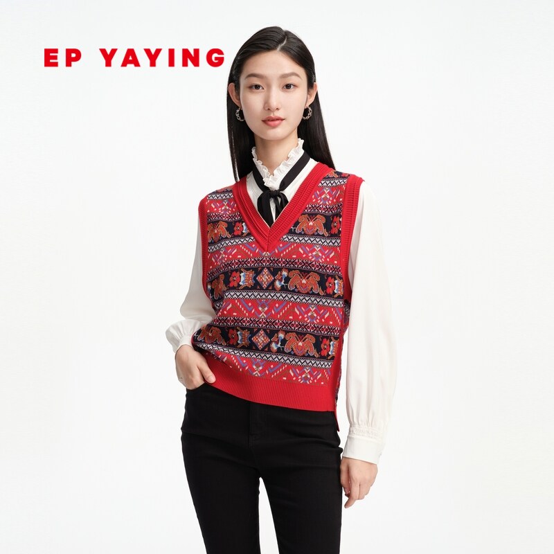 EP YAYING雅莹女装 美利奴羊毛提花V领针织背心 商场同款9017A