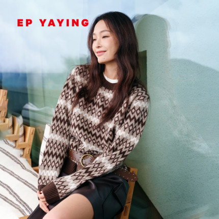 EP雅莹女装 羊毛牦牛绒宽松复古提花针织衫毛衣2025秋冬新款