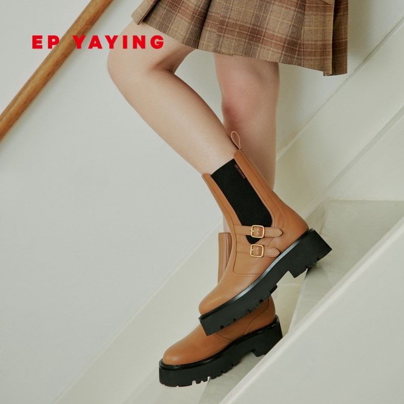 [唐嫣同款]EP雅莹女鞋 双扣袢时髦厚底切尔西靴 2023新款XH01A