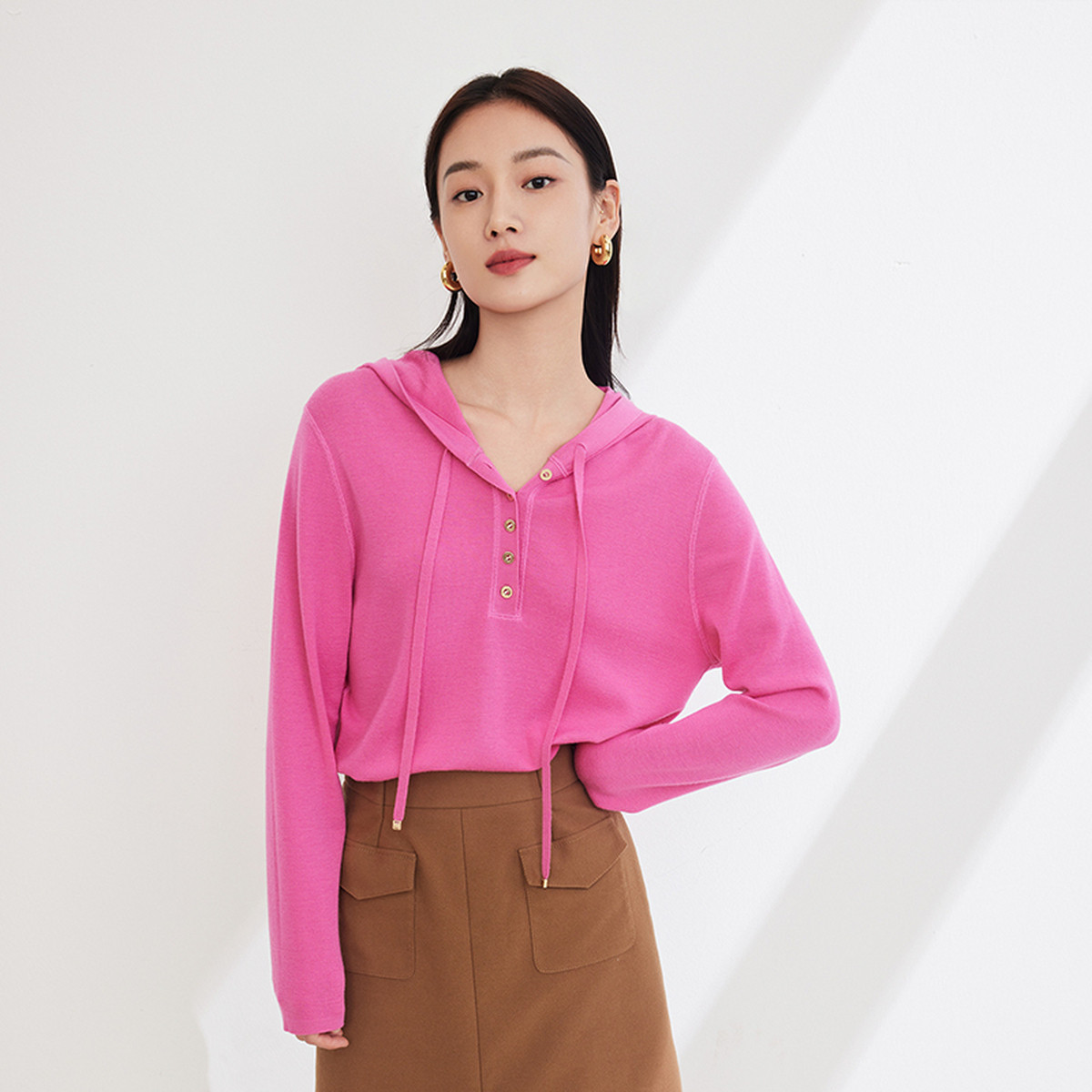 EP雅莹纯羊毛粉色连帽套头针织衫