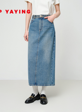 EP雅莹女装 长绒棉提花复古蓝开叉牛仔半身裙 秋冬2025新款J302A