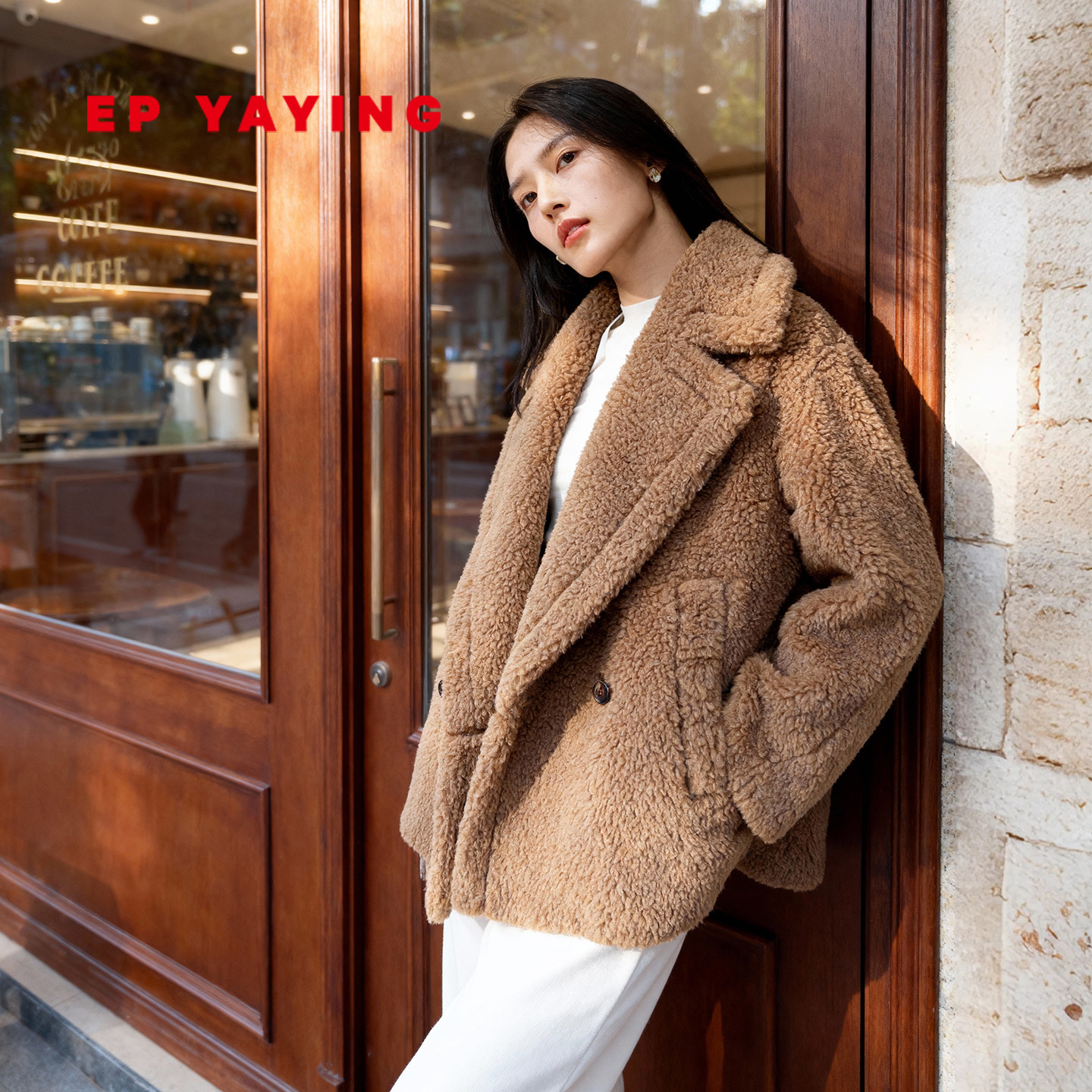 雅莹颗粒骆驼绒羊毛毛呢大衣外套