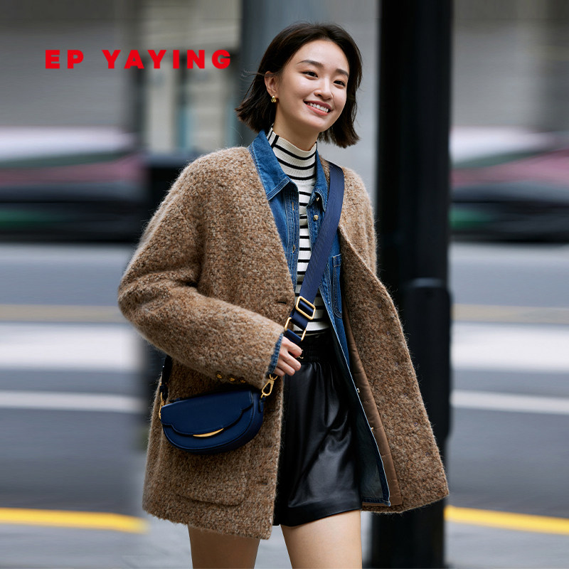 [环保皮草]EP雅莹女装 无领式羊驼毛短款泰迪大衣 2023秋冬8430A