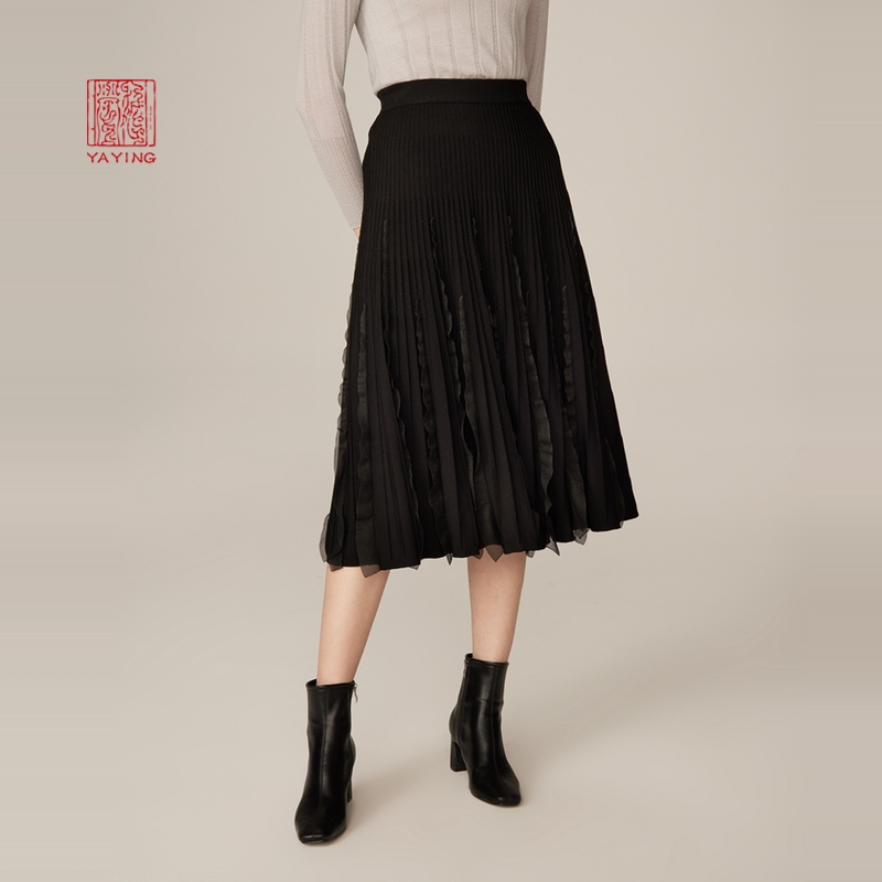 EP雅莹高端系列 黑色松紧腰百褶针织半身裙 商场同款9301A