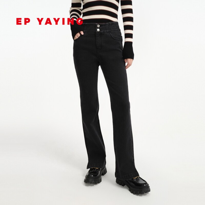 EP YAYING雅莹女装 时尚牛仔裤直筒开叉小黑裤 商场同款J612A
