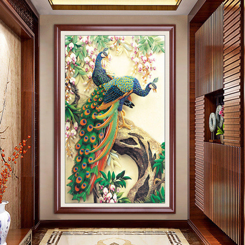 自己贴情侣孔雀十字绣走廊竖版玄关钻石画两只孔雀2026新款满钻画