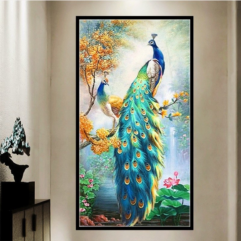 自己贴手工两只孔雀情侣钻石画满钻十字绣竖版玄关走廊2026新款图