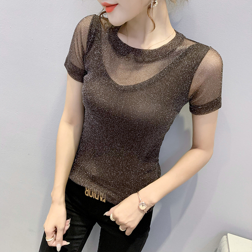 2021 new sexy mesh top summer versatile slim T-shirt Korean T-shirt short sleeve