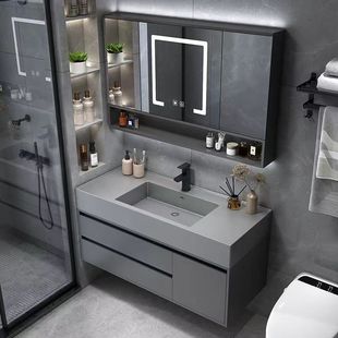 简约折叠风水镜浴室柜组合卫生间洗手盆面盆纳米岩石一体盆卫浴柜
