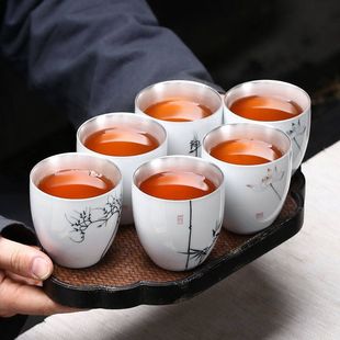 单杯杯纯茶杯茶盏鎏内胆高档养生茶礼品包银家用主人器银银杯手绘