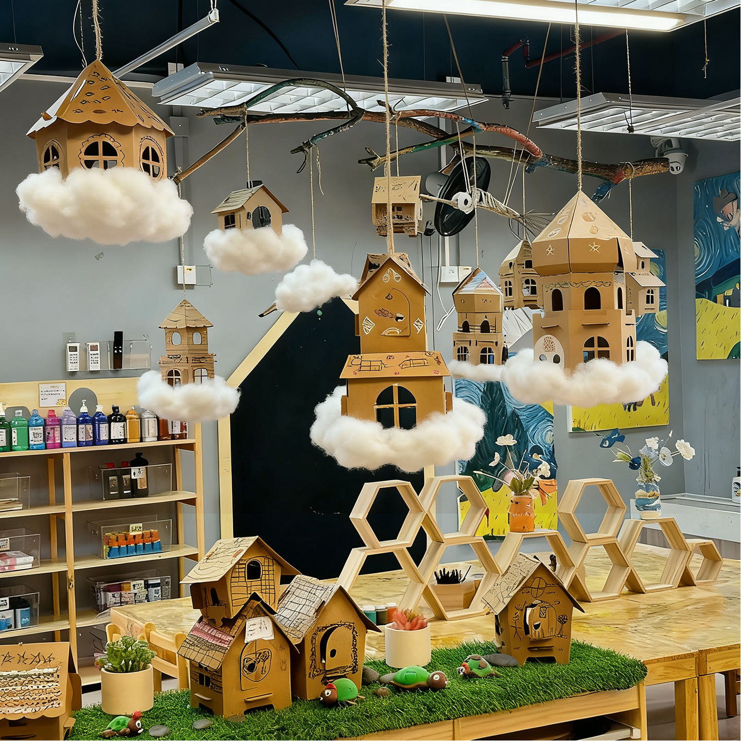 幼儿园环创纸盒房子手工半成品建构区吊饰班级教室环境布置材料包