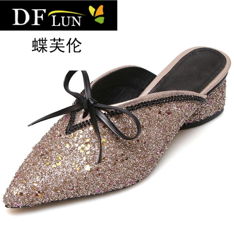 包头尖头v口粗跟中跟蝴蝶结亮片blingbling半拖鞋银色穆勒鞋
