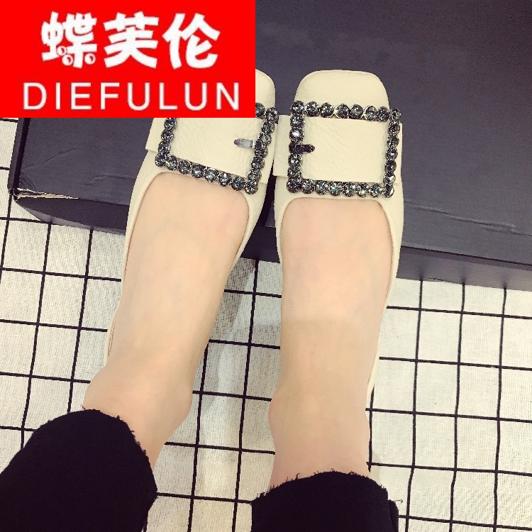 DFL夏款水钻方扣平底鞋女式单鞋欧美皮带扣浅口鞋百搭软底鞋舒