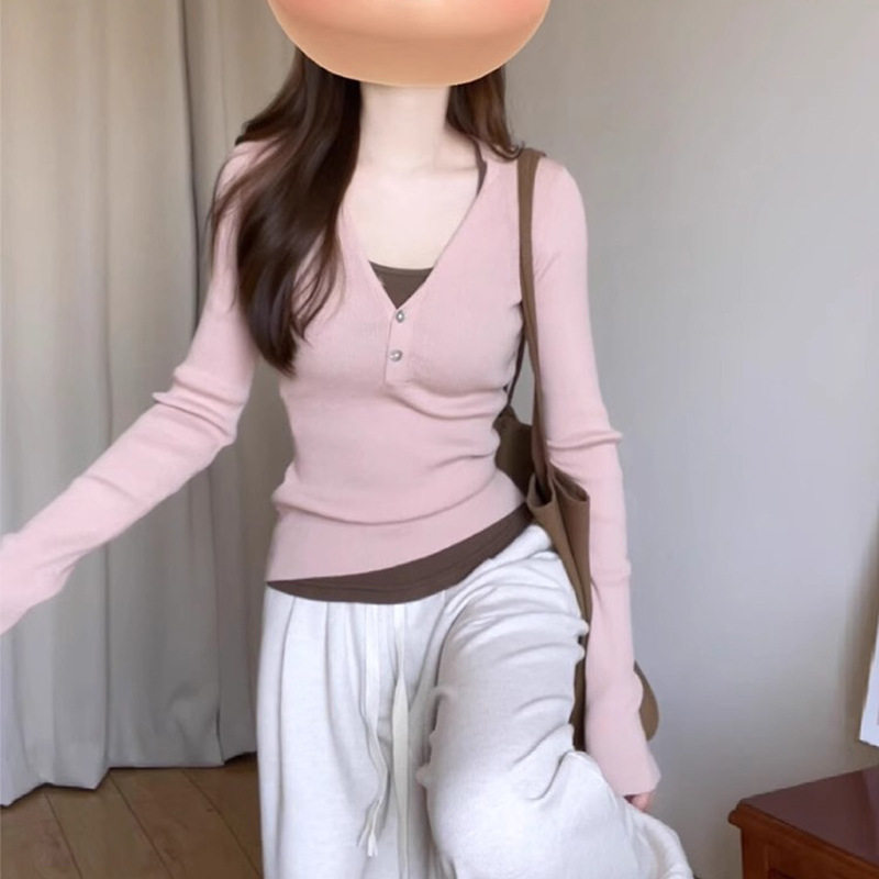 粉色假两件长袖针织衫女早秋气质修身内搭打底衫韩系chic别致上衣