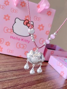 足银999hellokitty纯银平安锁kt猫手工编织项链女银锁吊坠生日礼