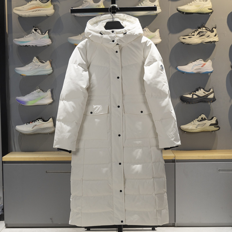 李宁长款羽绒服女子2025冬季修身80%鸭绒保暖过膝连帽外套AYMV232