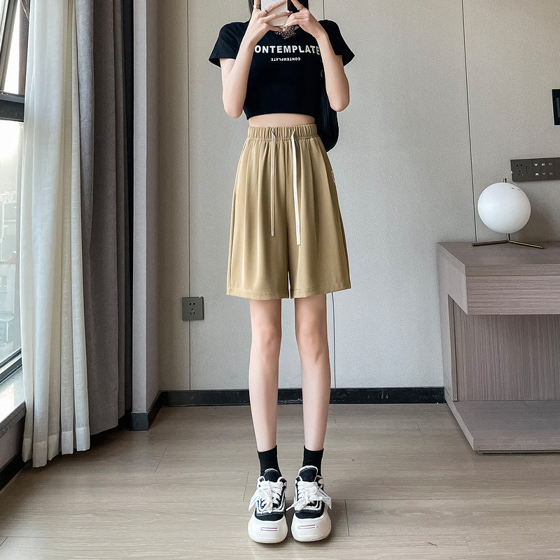 高腰阔腿短裤女宽松显瘦百搭休闲裤系绳五分裤夏季松紧腰纯色女裤
