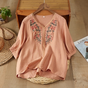大码女装棉麻短袖衬衫T恤夏宽松胖mm洋气V领复古刺绣薄款亚麻上衣