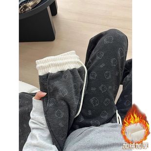 卡通印花加绒糯米裤女秋冬高腰宽松显瘦休闲裤加厚保暖百搭裤子潮