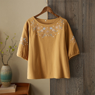 文艺复古圆领t恤女夏季宽松显瘦刺绣中袖上衣五分袖休闲百搭小衫
