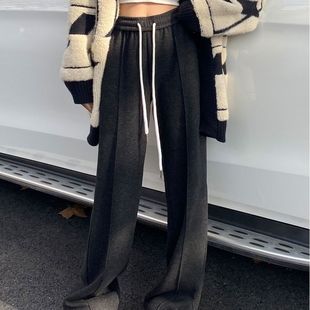 极简风灰色阔腿裤女松紧腰抽绳直筒裤垂感休闲裤百搭宽松简约裤子