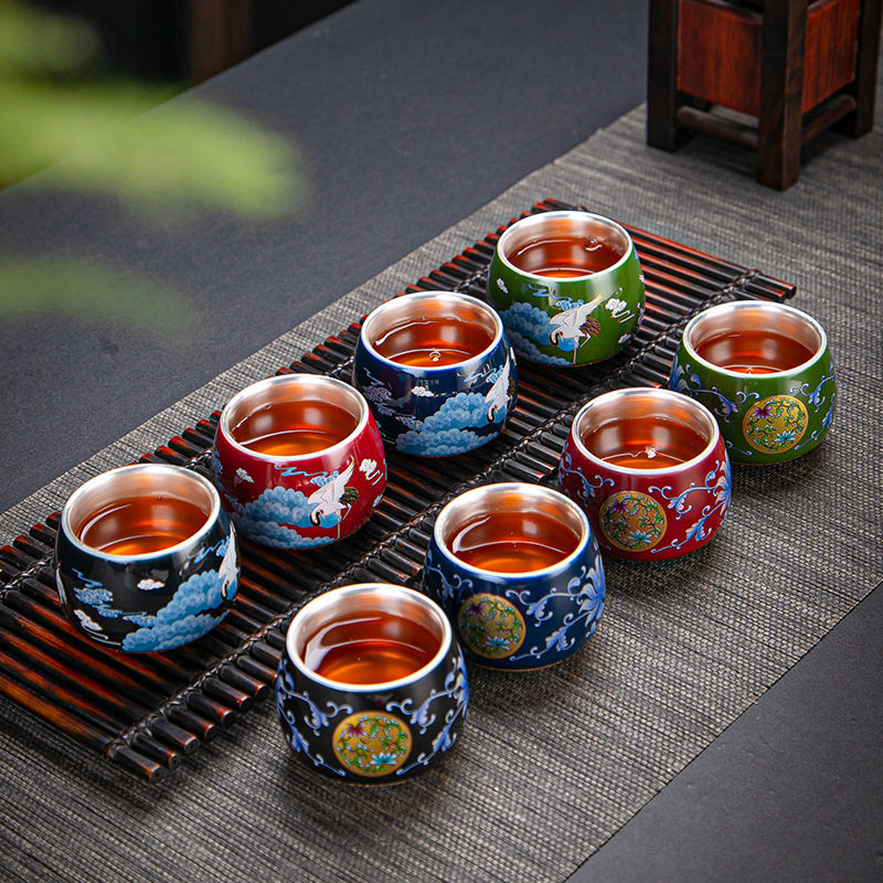 999纯银茶杯鎏银茶杯品茗杯功夫茶盏主人杯 办公室迎客杯陶瓷