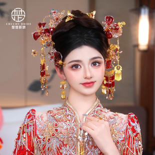 新娘头饰秀禾头饰中式婚礼红金色龙凤褂发簪精致旗袍造型配饰品