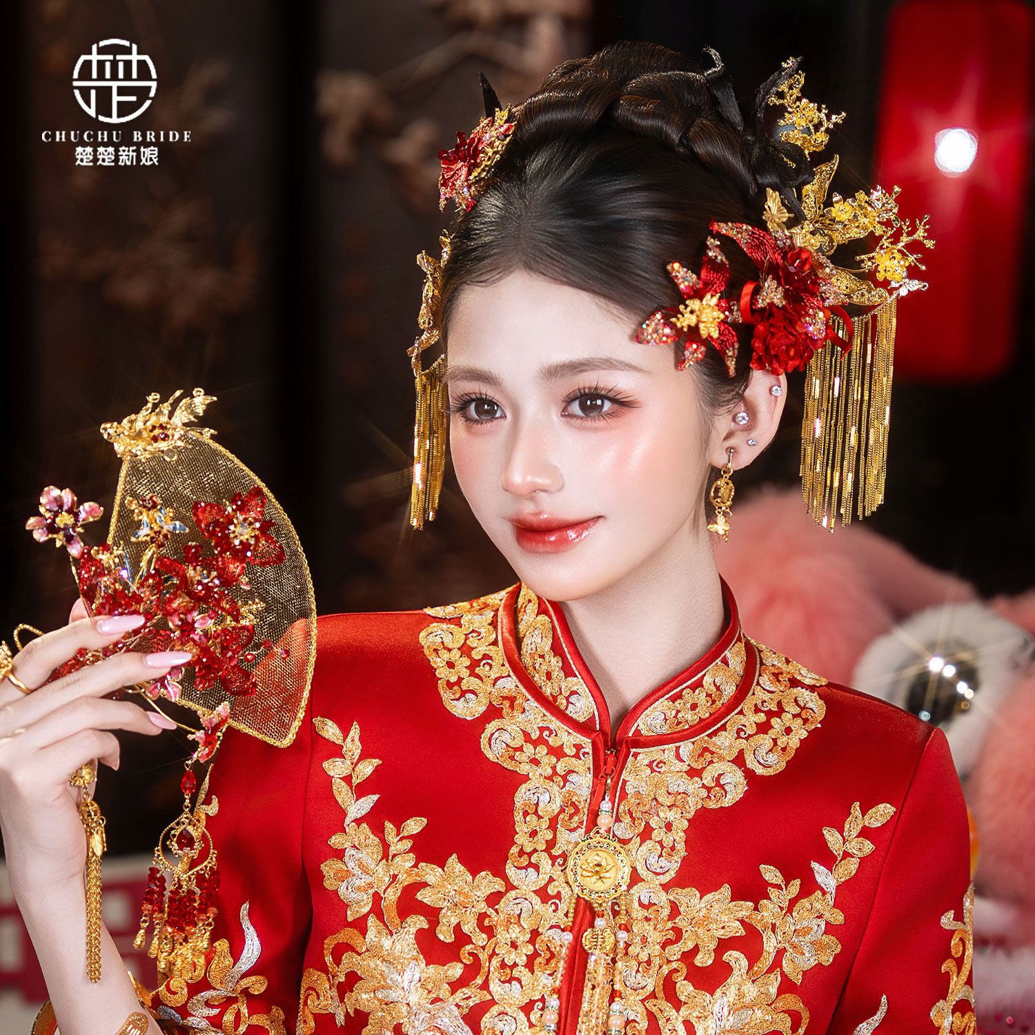楚楚新娘头饰金钗配红花朵发夹龙凤褂蝴蝶发钗流苏旗袍秀禾服发饰