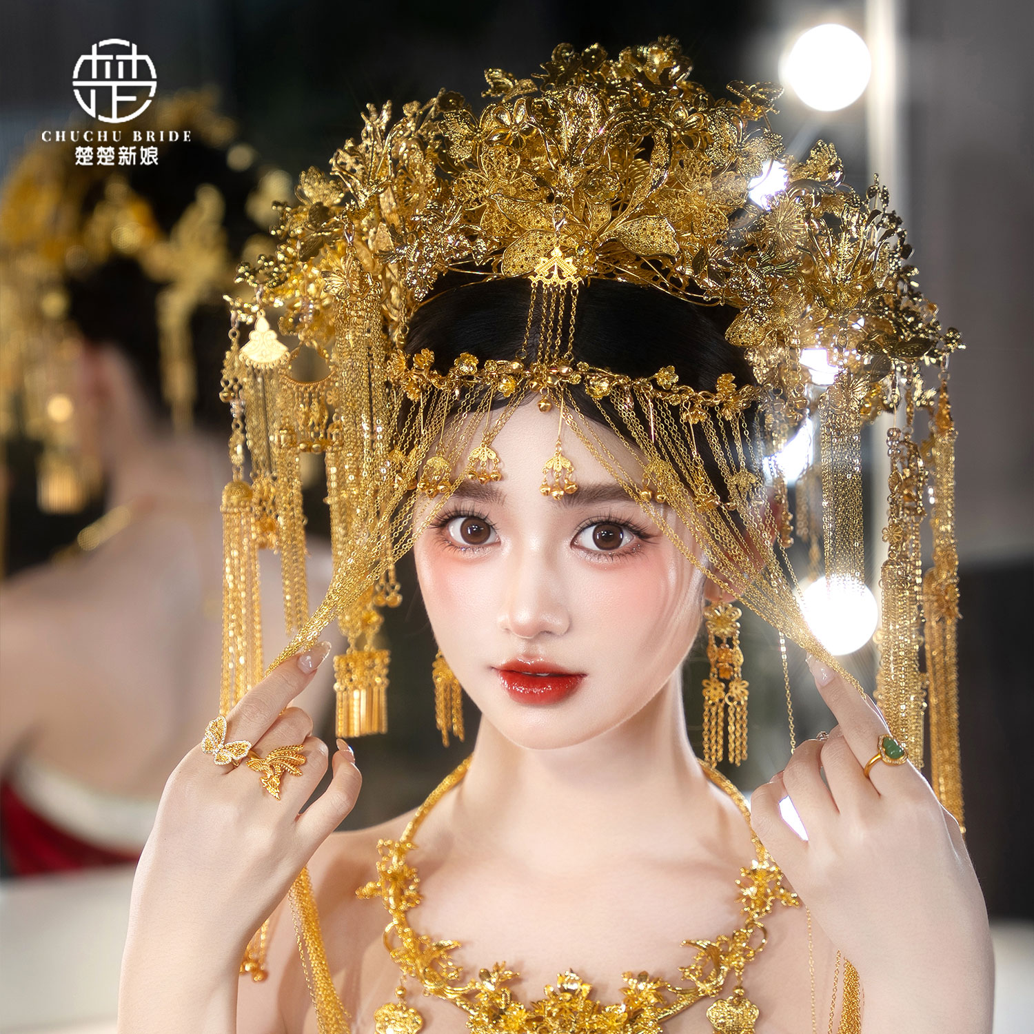 中式婚礼凤冠头饰全金色半冠面帘套装大气流苏发冠汉服秀禾服结婚