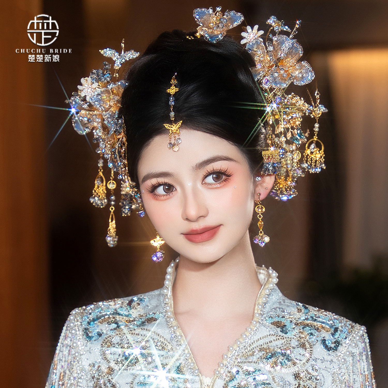 高级感新娘秀禾头饰金蓝花朵流苏发簪中式大气减龄龙凤褂发饰