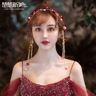 新娘头饰2020新款 超仙敬酒服森系礼服配饰品 结婚红色婚纱发饰中式