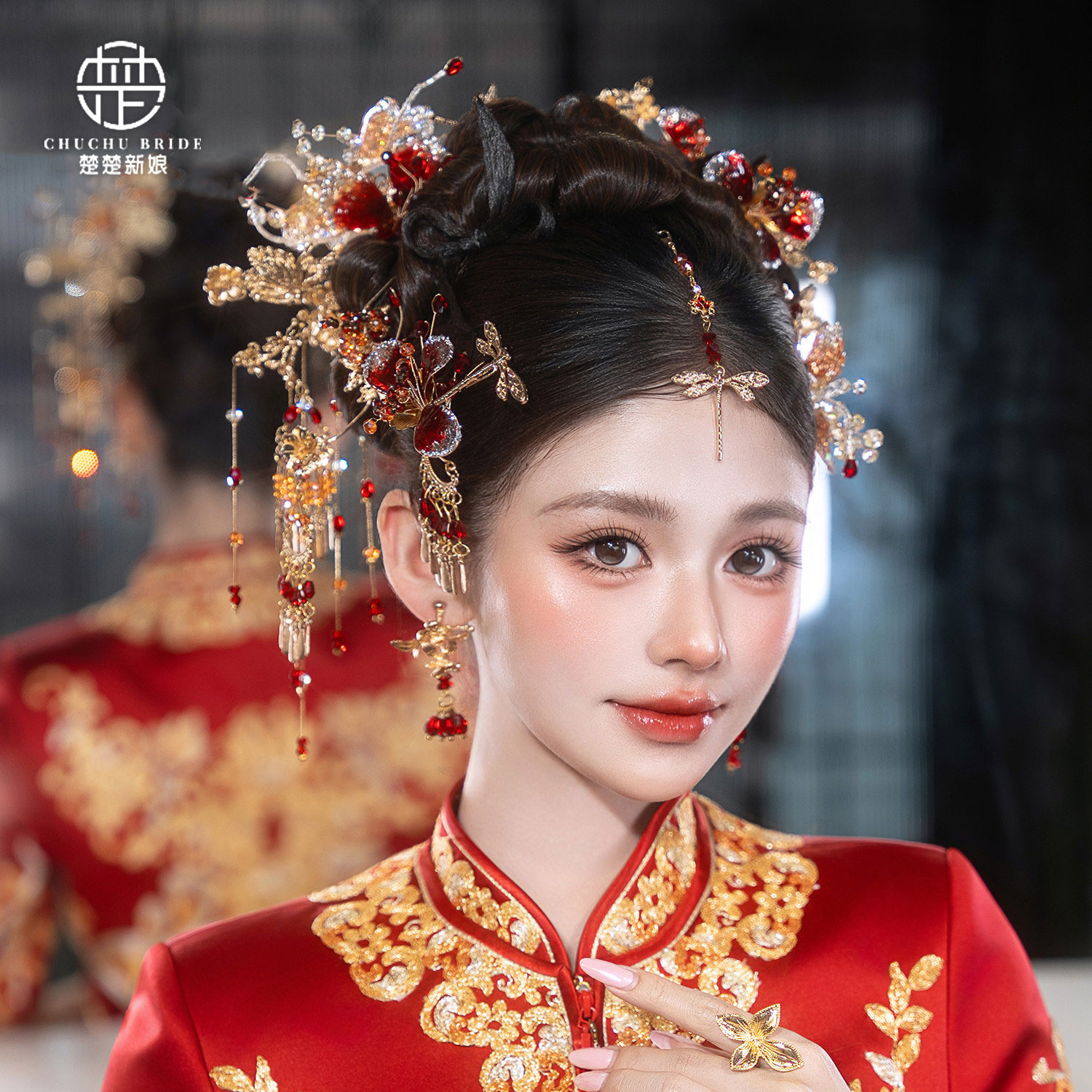 红色花花新娘秀禾发饰套装