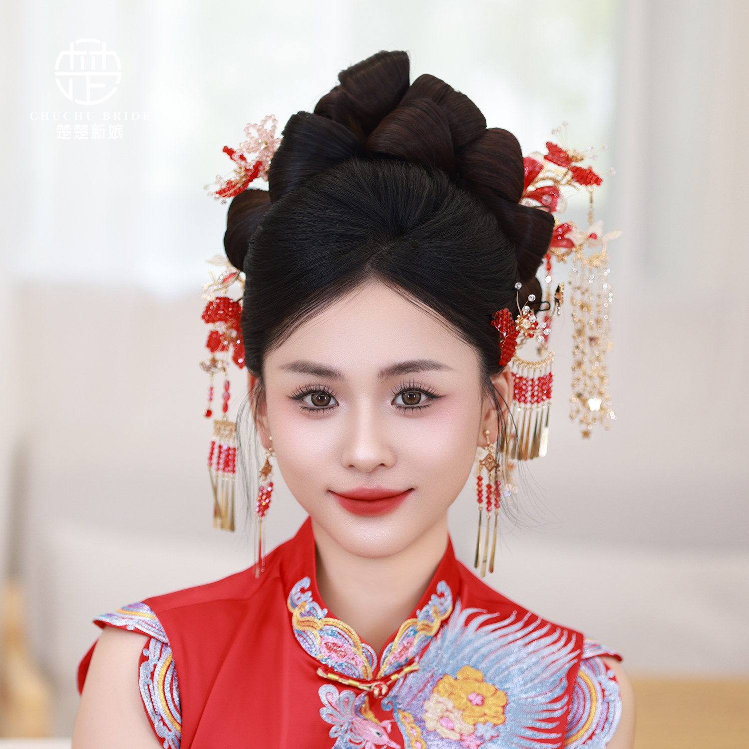 传统新娘手作头饰红金滴胶水晶花古典造型流苏簪子秀禾服结婚发饰